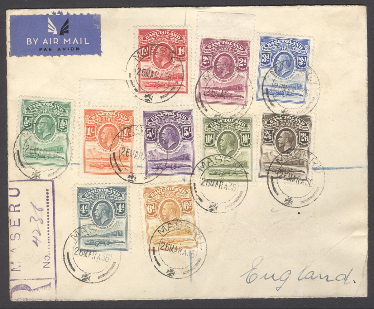 SG 1-10 Basutoland 1933. ½d-10/- set of 10 on Registered cover from Maseru to England, March 26th 1936...