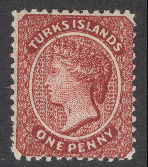 SG 58b Turks Islands 1887-89. 1d crimson-lake, variety throat flaw.  A fine fresh mounted mint example CAT £100