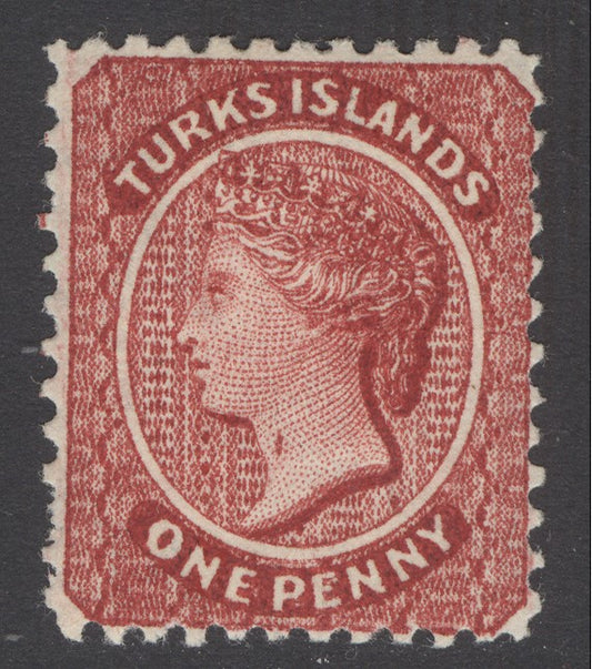 SG 58b Turks Islands 1887-89. 1d crimson-lake, variety throat flaw.  A fine fresh mounted mint example CAT £100