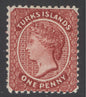 SG 58b Turks Islands 1887-89. 1d crimson-lake, variety throat flaw.  A fine fresh mounted mint example CAT £100