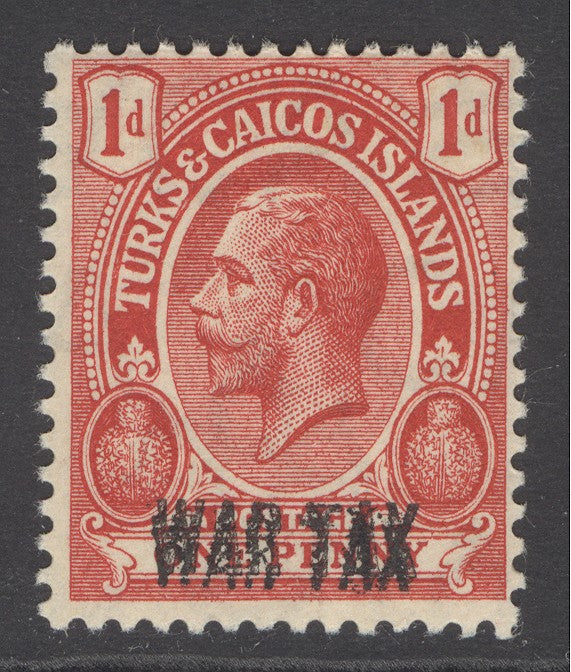 SG 140a Turks Islands 1917 1d red War Tax overprinted double. Very lightly mounted mint CAT £180