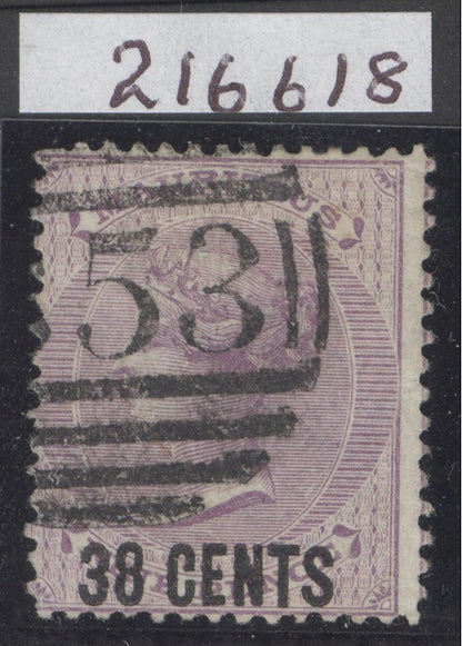 SG 89 Mauritius 1878. 38c on 9d pale violet, surcharged type 16, watermark CC. Fine used CAT £110. RPS cert