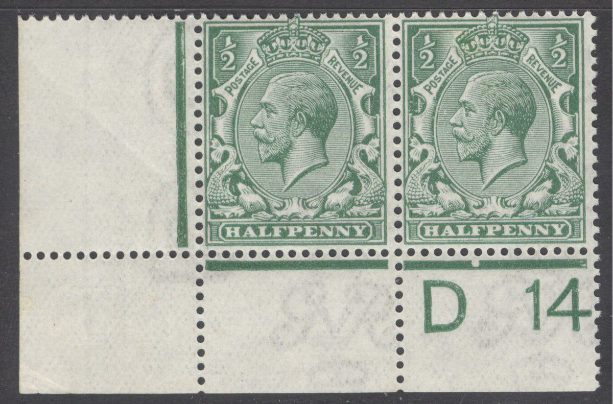 SG spec N14 shade variety ½d bright blue-green. Fine unmounted mint corner 'D14' control pair. Fine unmounted mint...