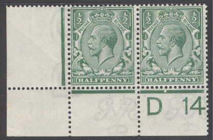 SG spec N14 shade variety ½d bright blue-green. Fine unmounted mint corner 'D14' control pair. Fine unmounted mint...