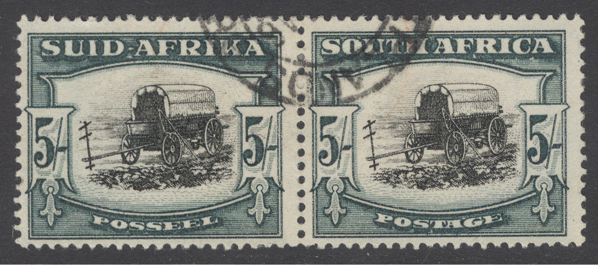 SG 64 South Africa 1933-48. 5/- black & green. Very fine used pair CAT £80
