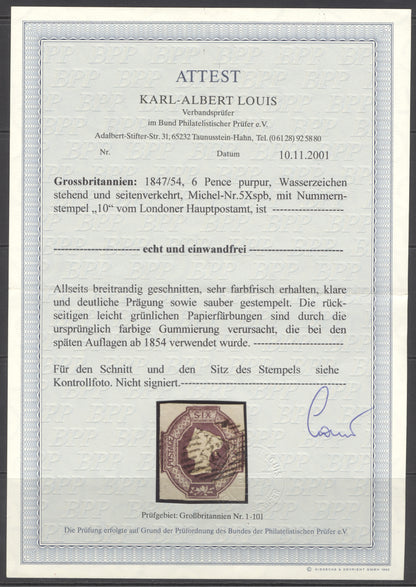 SG 59 6d dull lilac. Very fine used. 4 fine margins. Karl Alvert Louis cert CAT £750