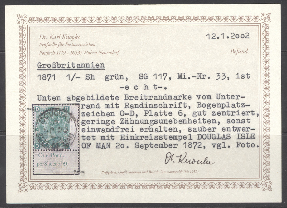 SG 117 1/- green plate 6 corner marginal example. Very fine used with an upright Douglas, Isle of Man CDS. Dr Karl Knope cert