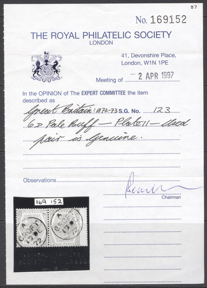 SG 123 6d pale buff plate 11. Very fine used with a Croft CDS. RPS cert (when in a pair).
