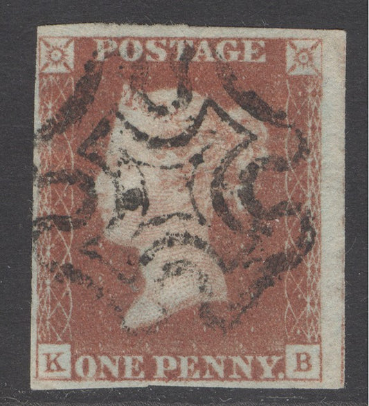 SG 7 1d red-brown plate 9 lettered KB. Fine used. 4 margins CAT £150