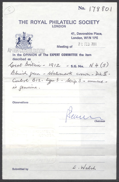 SG 338 ½d bluish-green Spec N4(5). A fine fresh unmounted mint control B12 example. RPS cert when in a strip of 3 CAT £200