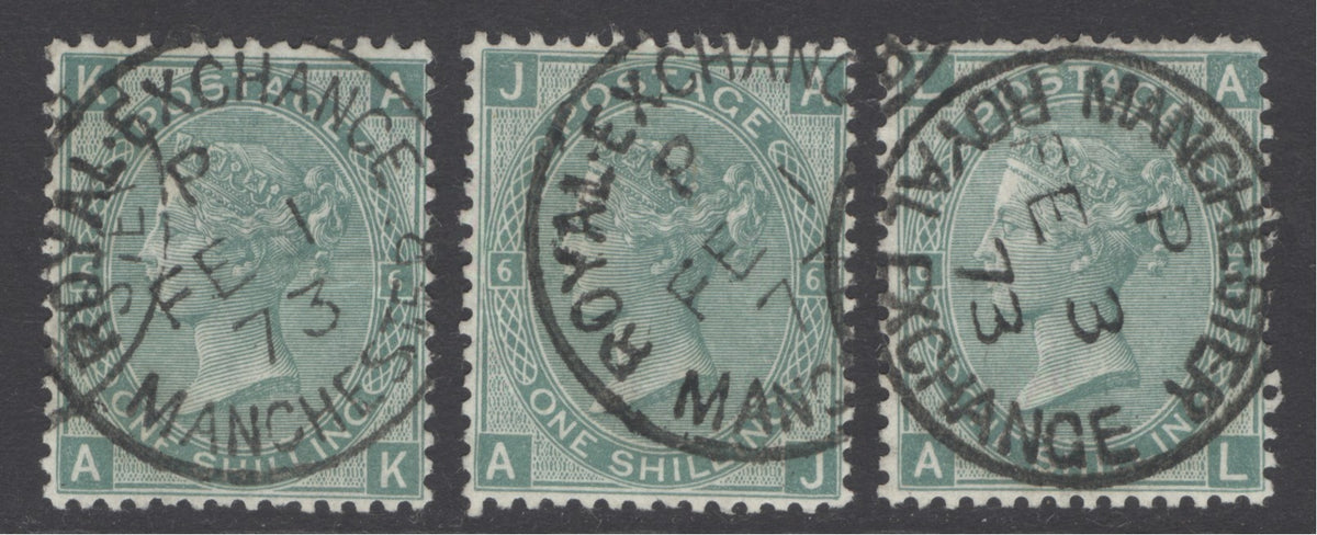SG 115 1/- deep greens lettered AK,AJ & AL cancelled with Manchester Royal exchange CDS's