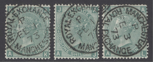 SG 115 1/- deep greens lettered AK,AJ & AL cancelled with Manchester Royal exchange CDS's