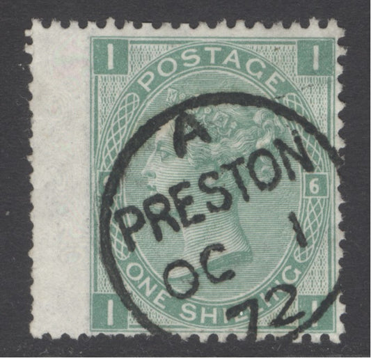 SG 117 1/- green plate 6 lettered II. Very fine used with a Preston, Oct 1st 1872 CDS