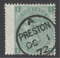 SG 117 1/- green plate 6 lettered II. Very fine used with a Preston, Oct 1st 1872 CDS
