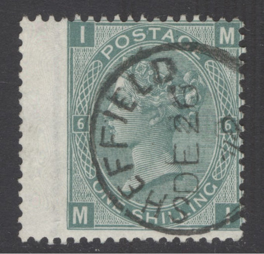 SG 115 1/- deep green plate 6 lettered MI. Very fine used with a Sheffield, Dec 26th 1872 CDS