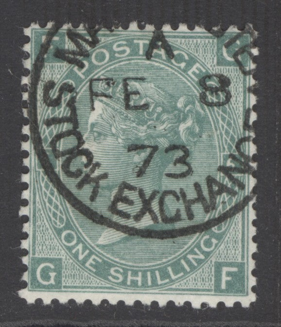 SG 117 1/- green plate 6 lettered GF. Very fine used with a Manchester stock exchange, Feb 8th 1873 CDS