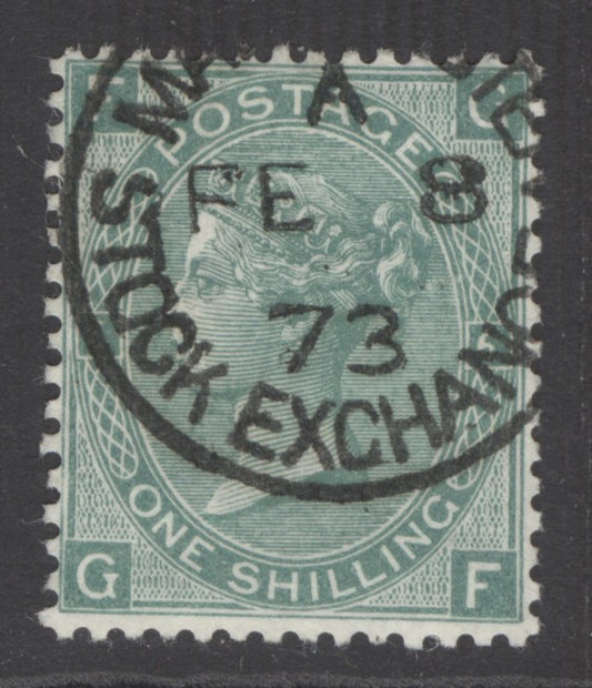 SG 117 1/- green plate 6 lettered GF. Very fine used with a Manchester stock exchange, Feb 8th 1873 CDS