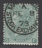 SG 117 1/- green plate 6 lettered GF. Very fine used with a Manchester stock exchange, Feb 8th 1873 CDS