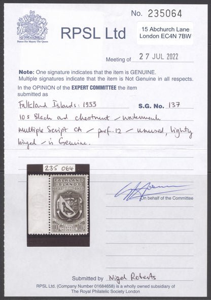 SG 137 Falklands 1933. 10/- black & chestnut. A fine fresh marginal example, barely hinged CAT £900. RPS cert