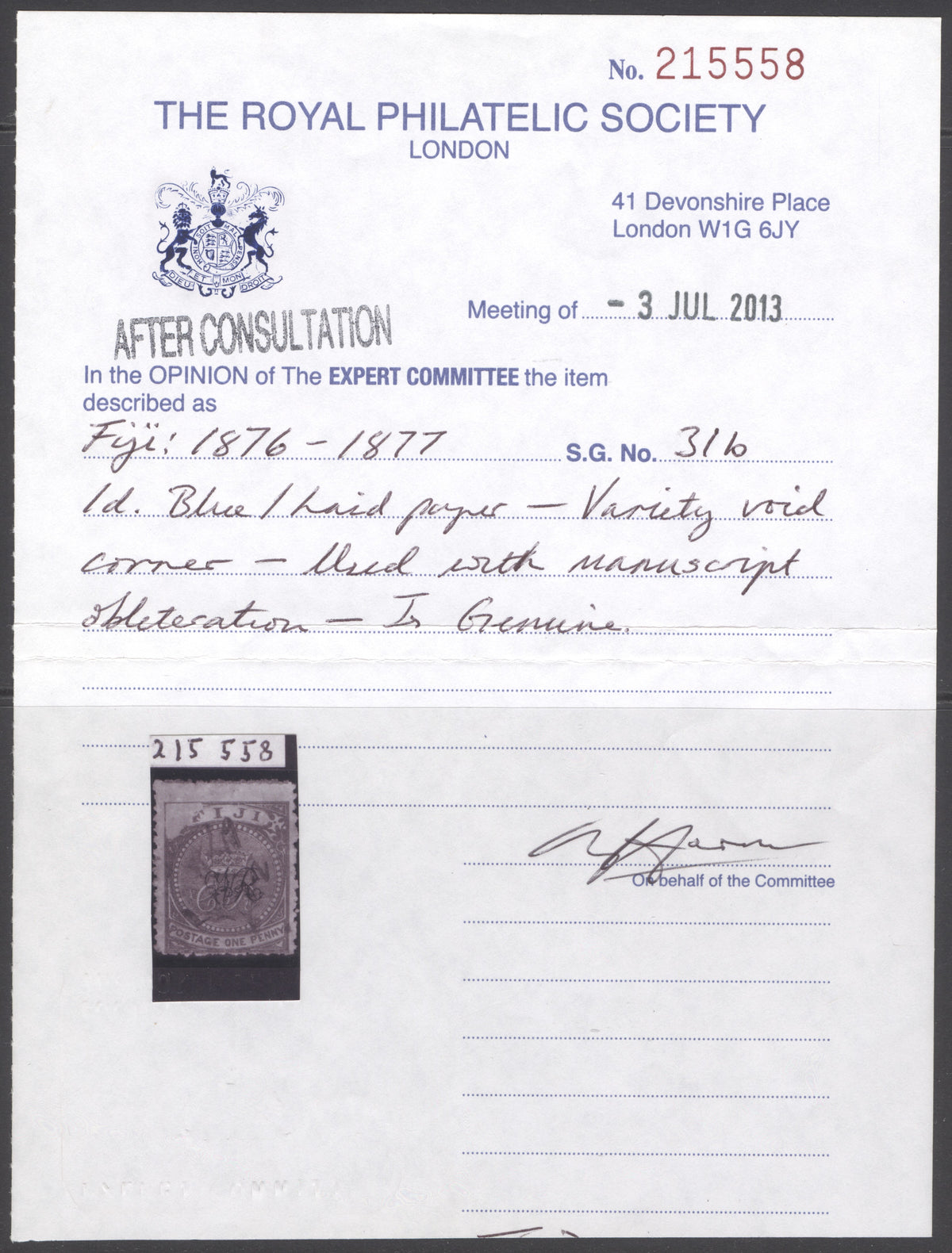 SG 31b Fiji 1876-1877. 1d blue/laid paper variety ‘void’ corner used with manuscript obliteration CAT £350. RPS cert.