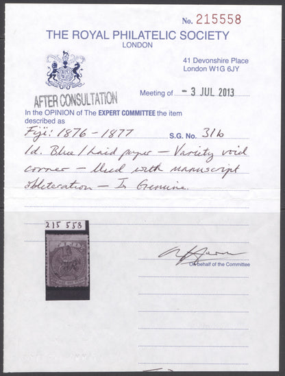 SG 31b Fiji 1876-1877. 1d blue/laid paper variety ‘void’ corner used with manuscript obliteration CAT £350. RPS cert.