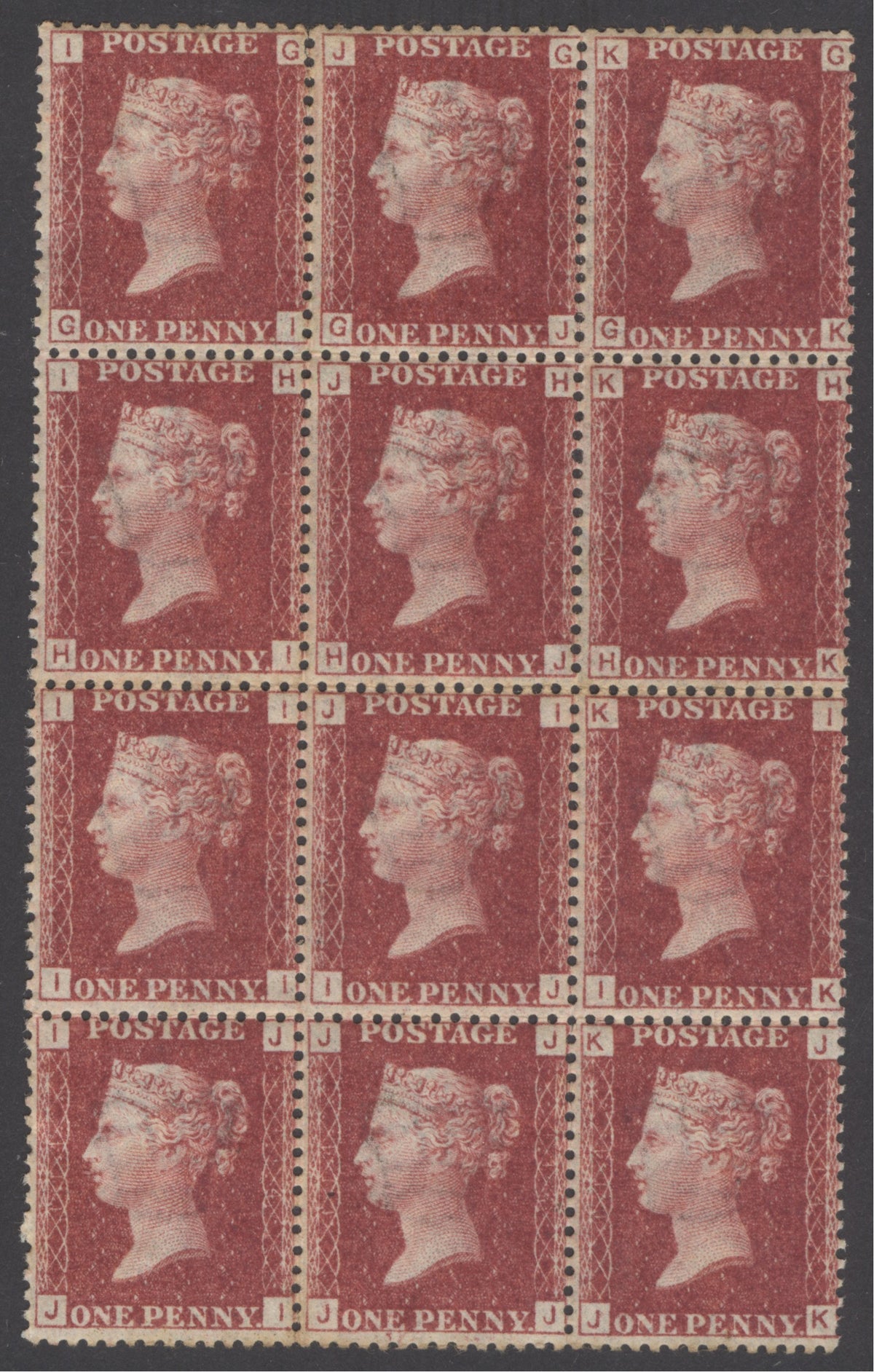 SG 43 1d rose-red plate 114 block of 12. Very fresh with lovely deep colour. Unmounted mint, JJ with striking  dot on chin flaw, stamp IJ exceptionally scarce multiple. Possibly...
