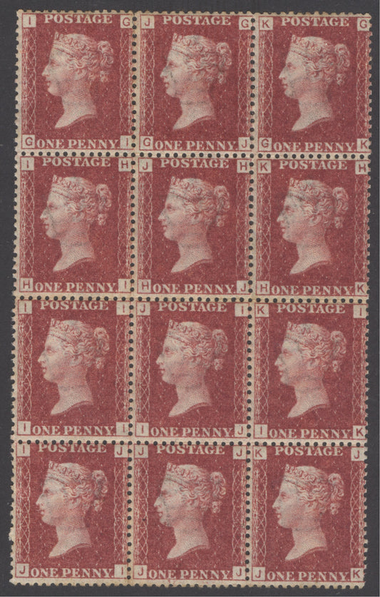 SG 43 1d rose-red plate 114 block of 12. Very fresh with lovely deep colour. Unmounted mint, JJ with striking  dot on chin flaw, stamp IJ exceptionally scarce multiple. Possibly...