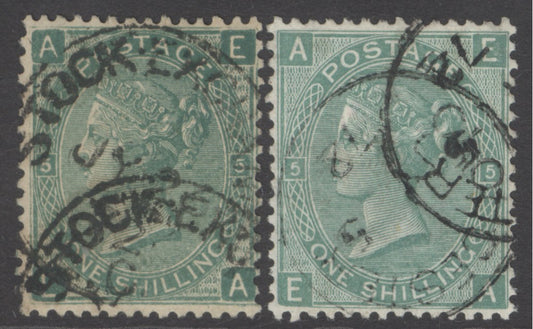 (SG 117) 1872 stock exchange forgery 1/- green plate 5 lettered EA with normal. Both in fine condition