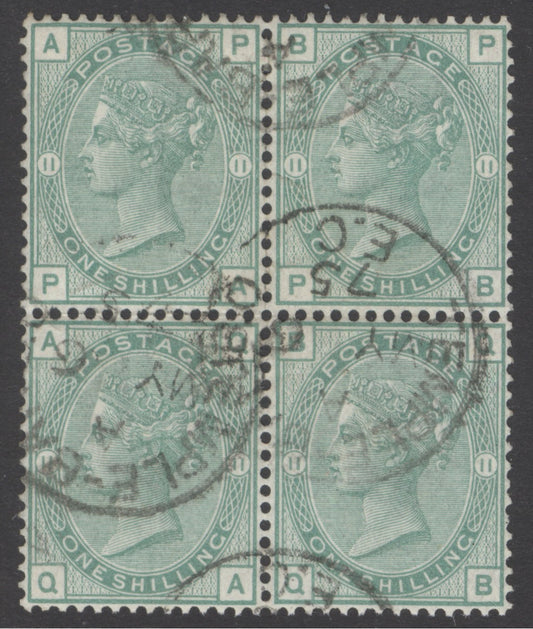 SG 150 1/- green plate 11. Scarce block of 4. Very fine used with Temple bar, May 6th 1875 CDS’s