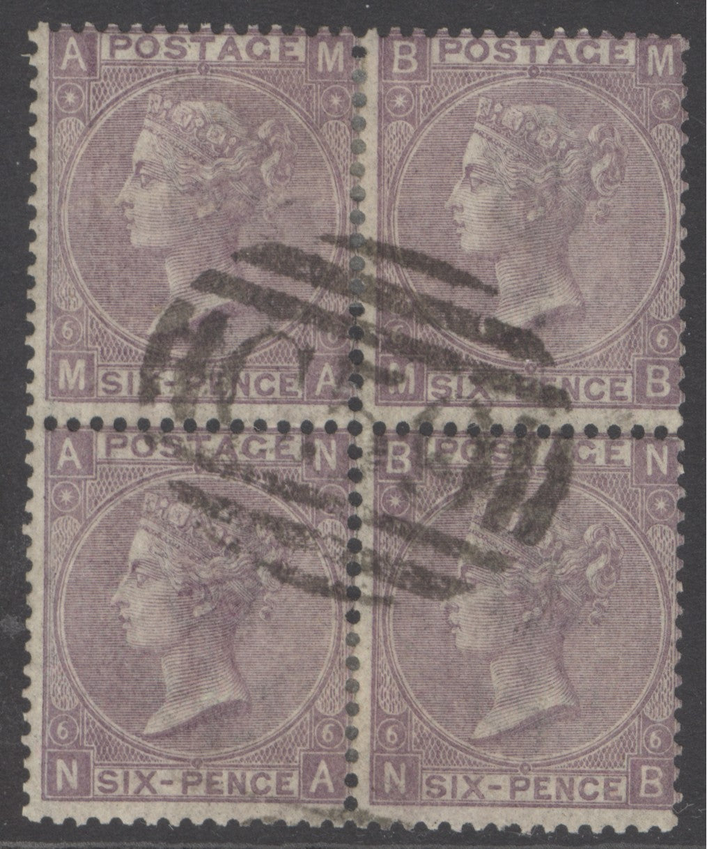 SG 104. 1867. 6d lilac plate 6 watermark spray of rose block of 4 with a stunning central ‘C59’  cancellation on Jacmel, Haiti. Very rare...