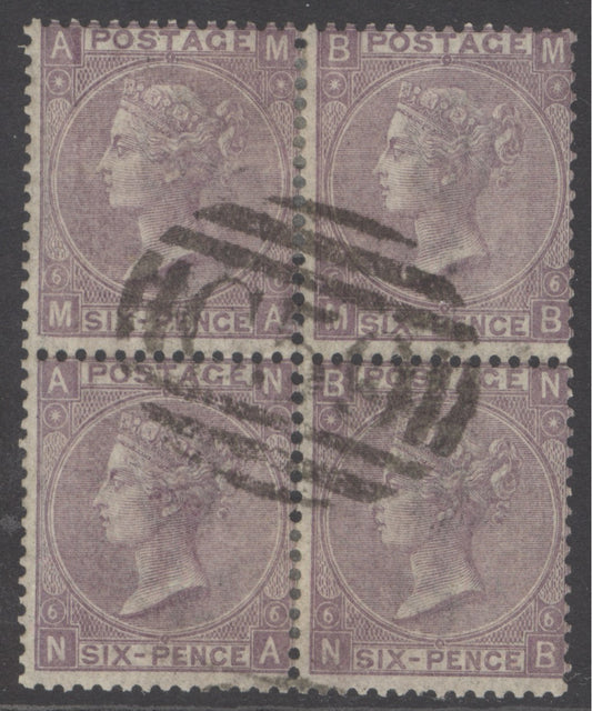 SG 104. 1867. 6d lilac plate 6 watermark spray of rose block of 4 with a stunning central ‘C59’  cancellation on Jacmel, Haiti. Very rare...