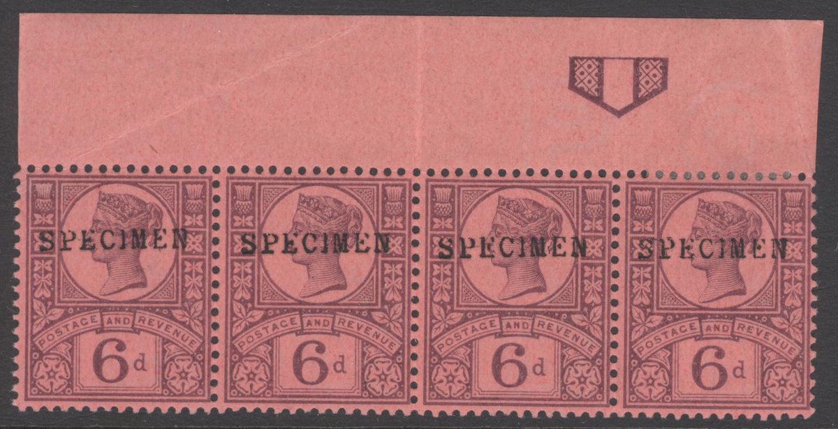 SG spec K37e 6d purple on rose-red paper top of sheet marginal strip of 4 overprinted specimen, type 9. First state (no Jubilee lines) & displaying the...
