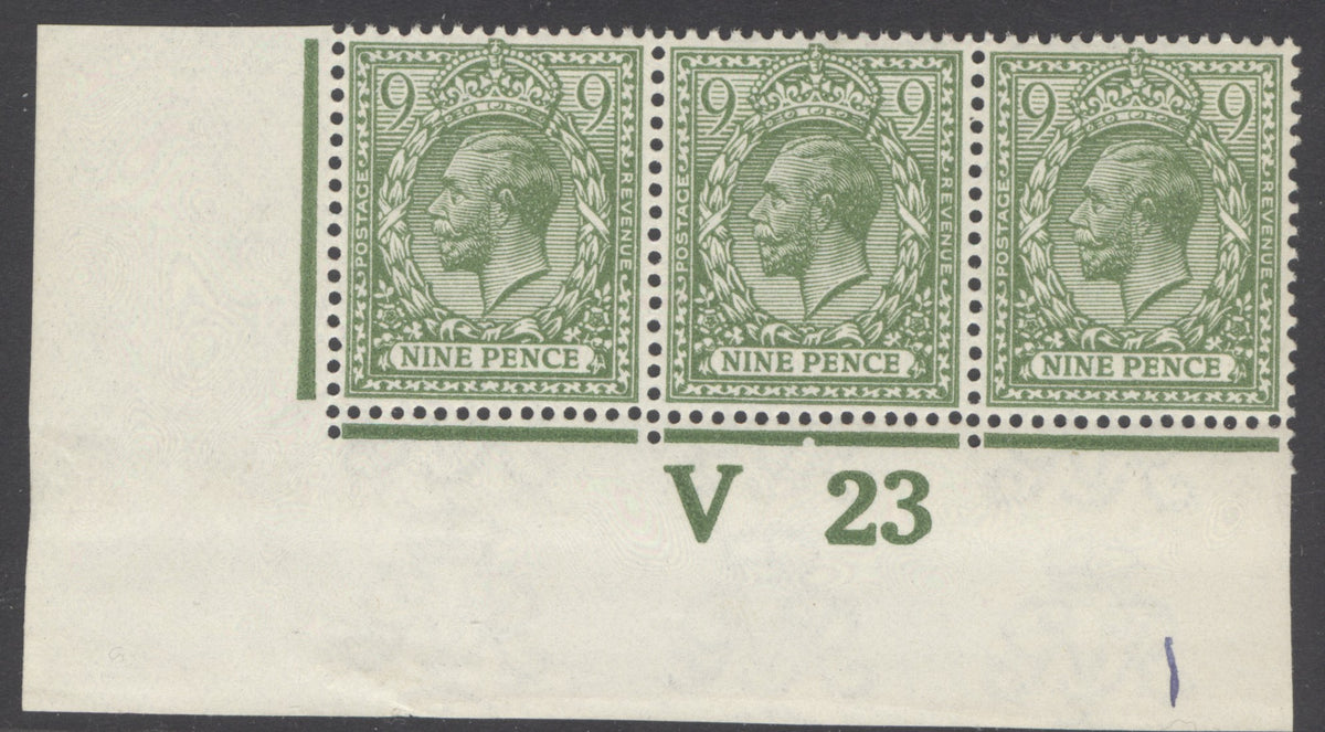 SG 393a 9d olive-green ‘V23’ control marginal. Pristine unmounted mint strip of 3 CAT £675+.