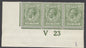 SG 393a 9d olive-green ‘V23’ control marginal. Pristine unmounted mint strip of 3 CAT £675+.