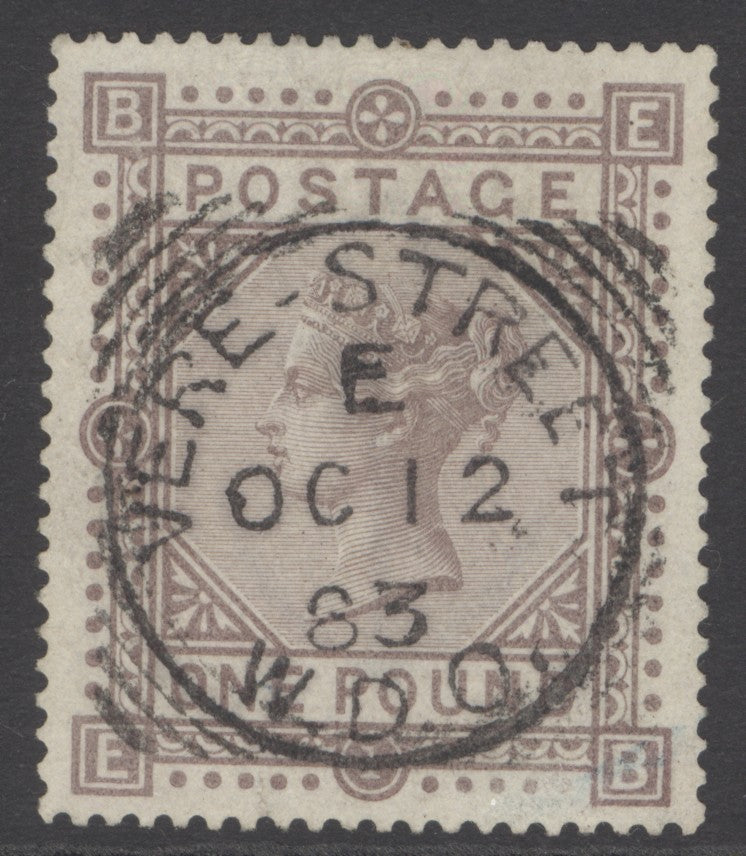 SG 136 £1 brown-lilac, watermark large anchor on white paper. Very fine used with an upright ‘box’ Vere-Street, Oct 12th 1883 CDS...