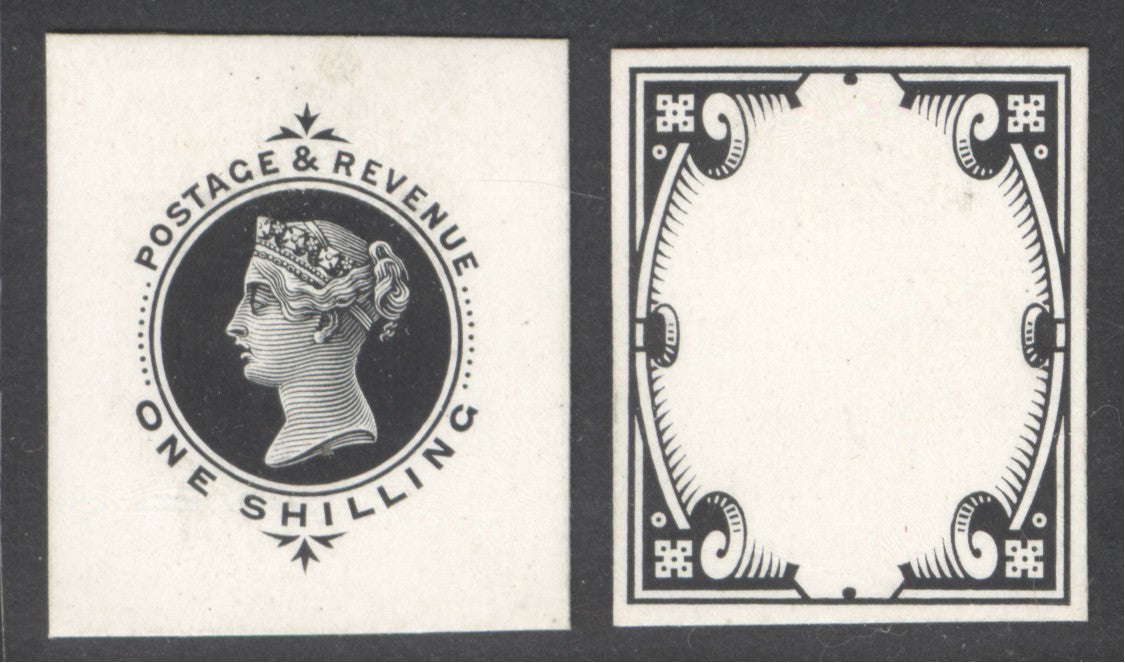 1900 1/- green & carmine cut down die proofs for the frame & duty plate in black on white glazed card. Very scarce