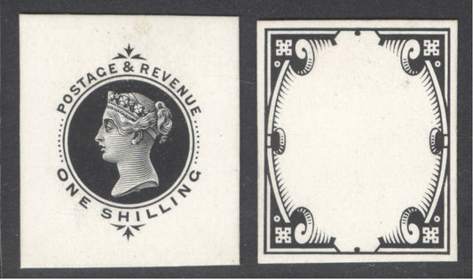 1900 1/- green & carmine cut down die proofs for the frame & duty plate in black on white glazed card. Very scarce