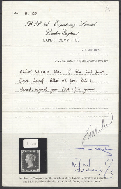 SG 5 1840 2d blue plate 1 lettered QE. Fine mounted mint. 4 margins. A lovely fresh example CAT £30,000.  BPA cert
