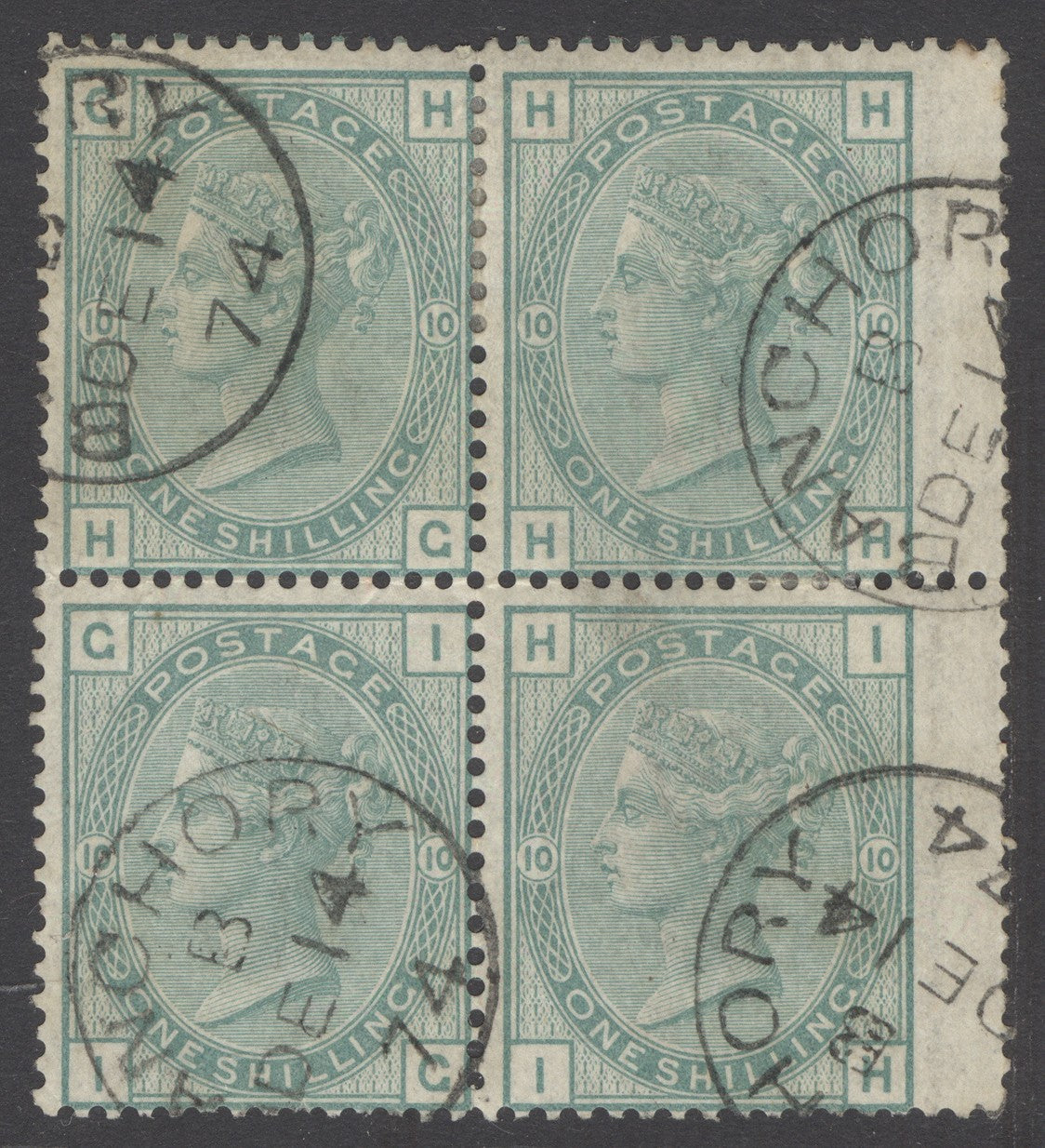 SG 150 1/- green plate 10 watermark spray marginal block of 4 with Banchory, Dec 14th 1874 CDS’s, Aberdeenshire, Scotland. Very fine used