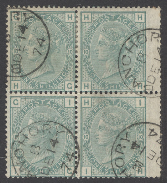 SG 150 1/- green plate 10 watermark spray marginal block of 4 with Banchory, Dec 14th 1874 CDS’s, Aberdeenshire, Scotland. Very fine used