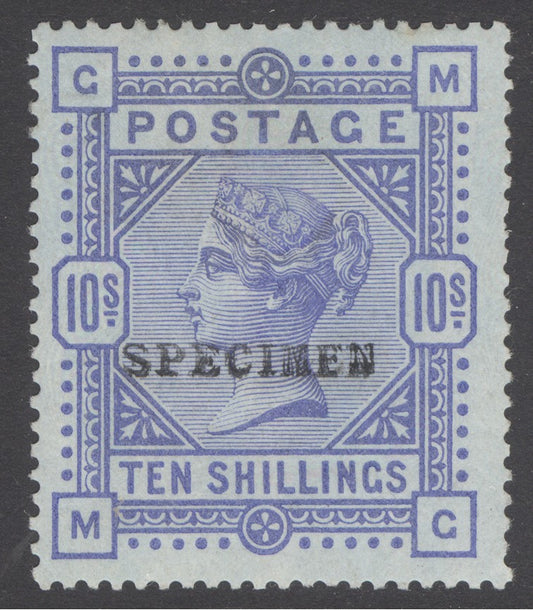 SG 177a  1883-84 10/- cobalt on blued paper, overprinted specimen.  A fine fresh very lightly mounted mint example (barely a trace of hinging) CAT £5500