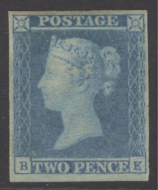 SG 13 1841 2d pale blue plate 3 lettered BE. Fine mounted mint, original gum.  4 good to large margins (SG spec ES13) CAT £5000