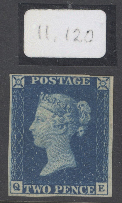 SG 5 1840 2d blue plate 1 lettered QE. Fine mounted mint. 4 margins. A lovely fresh example CAT £30,000.  BPA cert