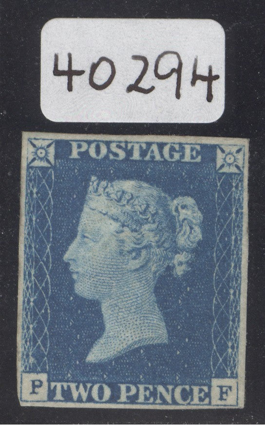 SG 5 1840 2d bright blue plate 1 lettered PF. A fine fresh mint example. 4 margins.  Seldom seen in this quality (Spec DS6a) CAT £45,000. David Brandon cert