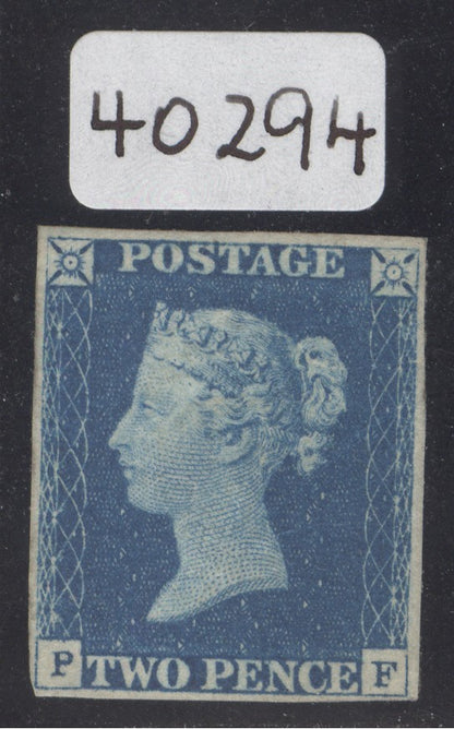 SG 5 1840 2d bright blue plate 1 lettered PF. A fine fresh mint example. 4 margins.  Seldom seen in this quality (Spec DS6a) CAT £45,000. David Brandon cert