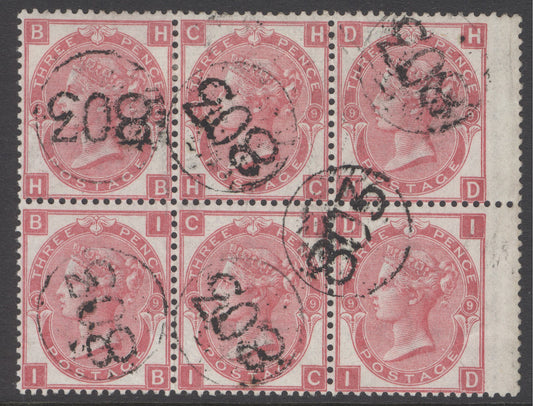 SG 103 3d rose plate 9 block of 6. Very fine used with ‘803’ in circle. Railway telegraphic cancel