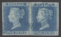 SG 14 1841 2d blue plate 4 lettered HI-HJ pair cancelled with lightly placed numerals in blue. Full margins.  Scarce in this quality CAT £1750+
