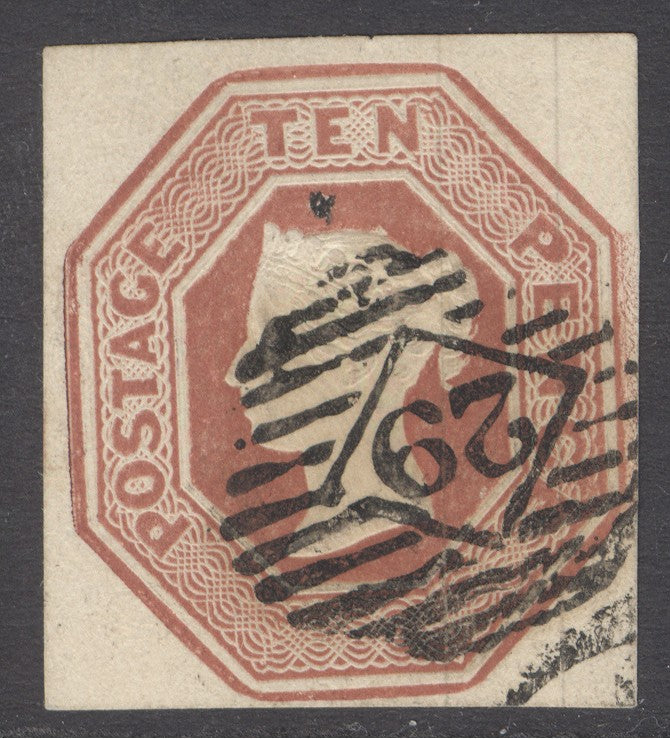 SG 57 10d brown. Very fine used with London ‘29’ numeral. 4 good/large margins CAT £1200. Karl Louis cert