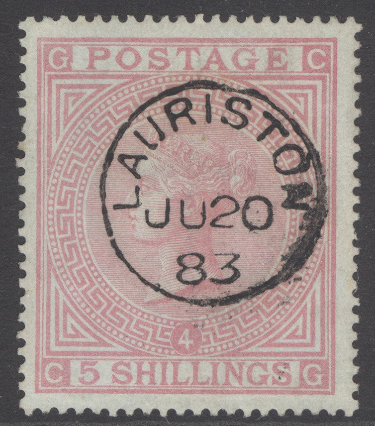 SG 130 5/- rose plate 4. Very fine used with an upright Lauriston, June 20th 1883 CDS  CAT £2500. Karl Louis cert. A lovely example