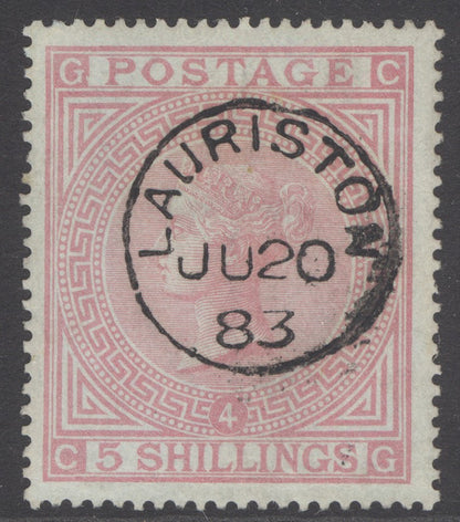 SG 130 5/- rose plate 4. Very fine used with an upright Lauriston, June 20th 1883 CDS  CAT £2500. Karl Louis cert. A lovely example